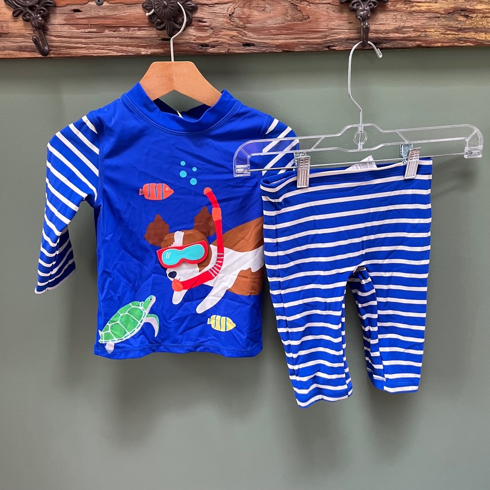 Mini Boden Kids Blue Snorkeling Dog Rash Guard Swim Set UPF 40+ NWT 4-5Y B1788